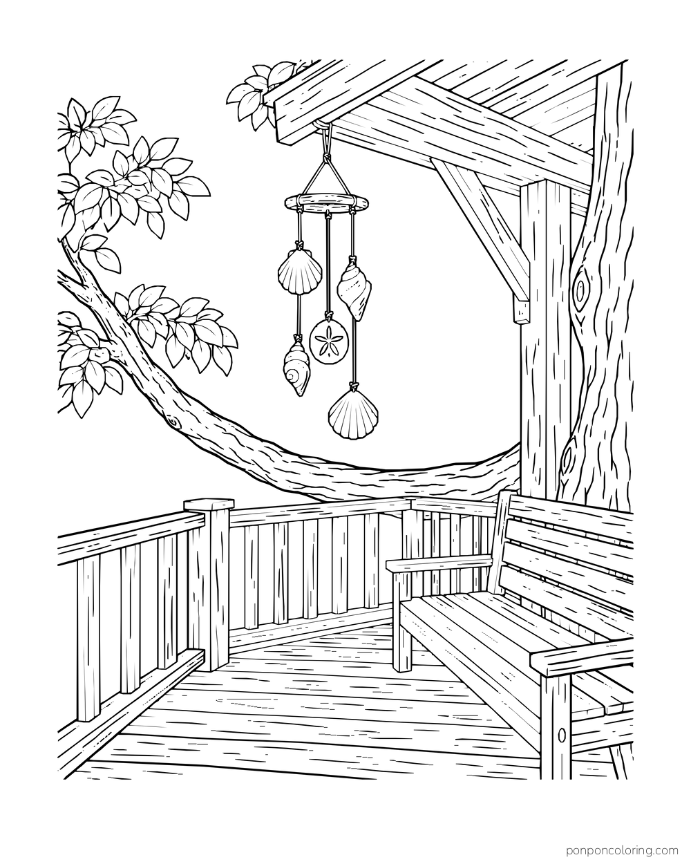 A shell wind chime hangs from the roof of an empty treehouse porch beside a bench.