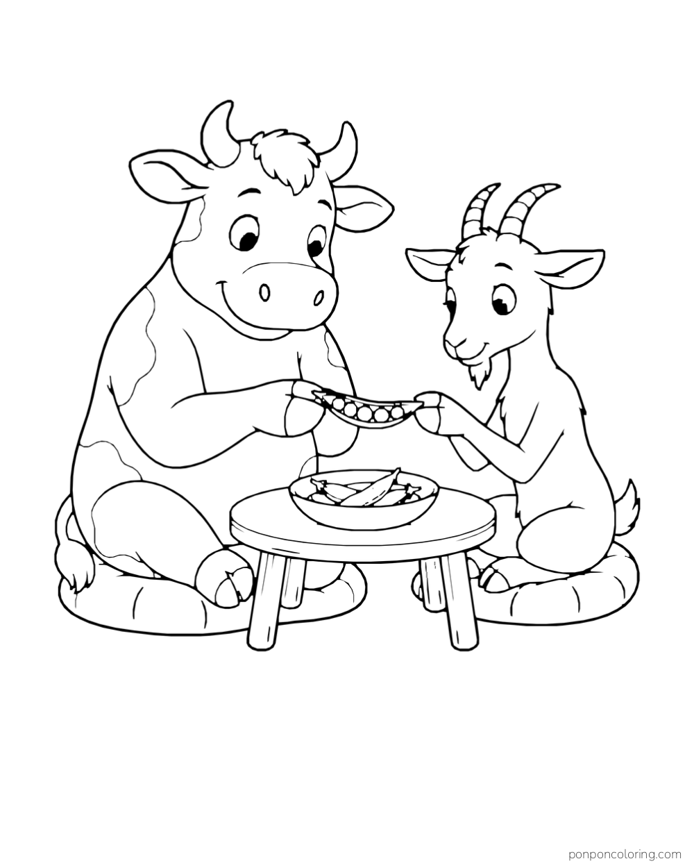 A seated cow and goat hold a pea pod over a bowl on a small table.