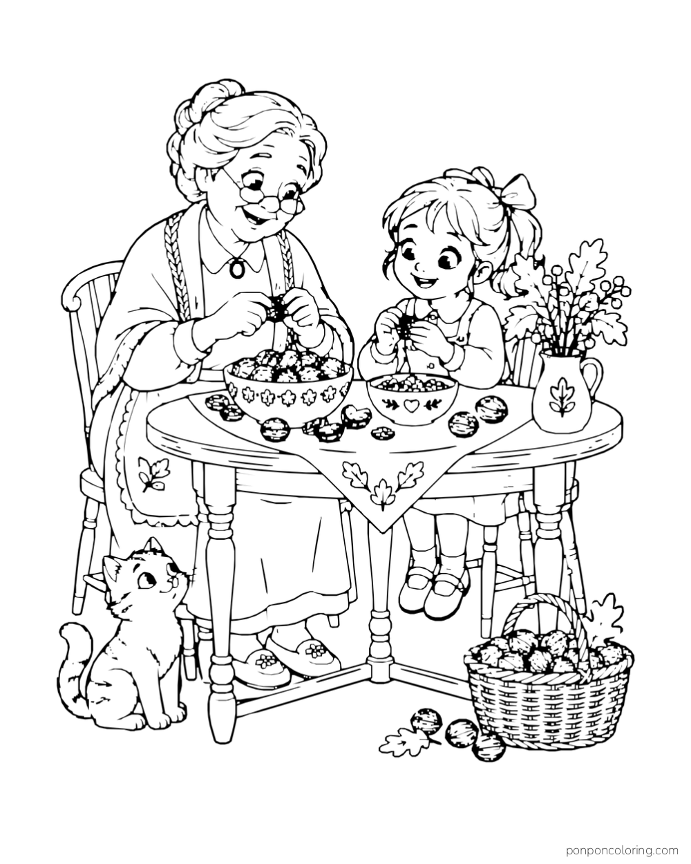 A grandmother and girl shell walnuts at a round table beside a basket and a cat.