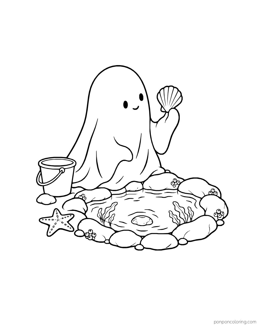 A ghost holds a shell beside a small tide pool edged with stones and sea treasures.