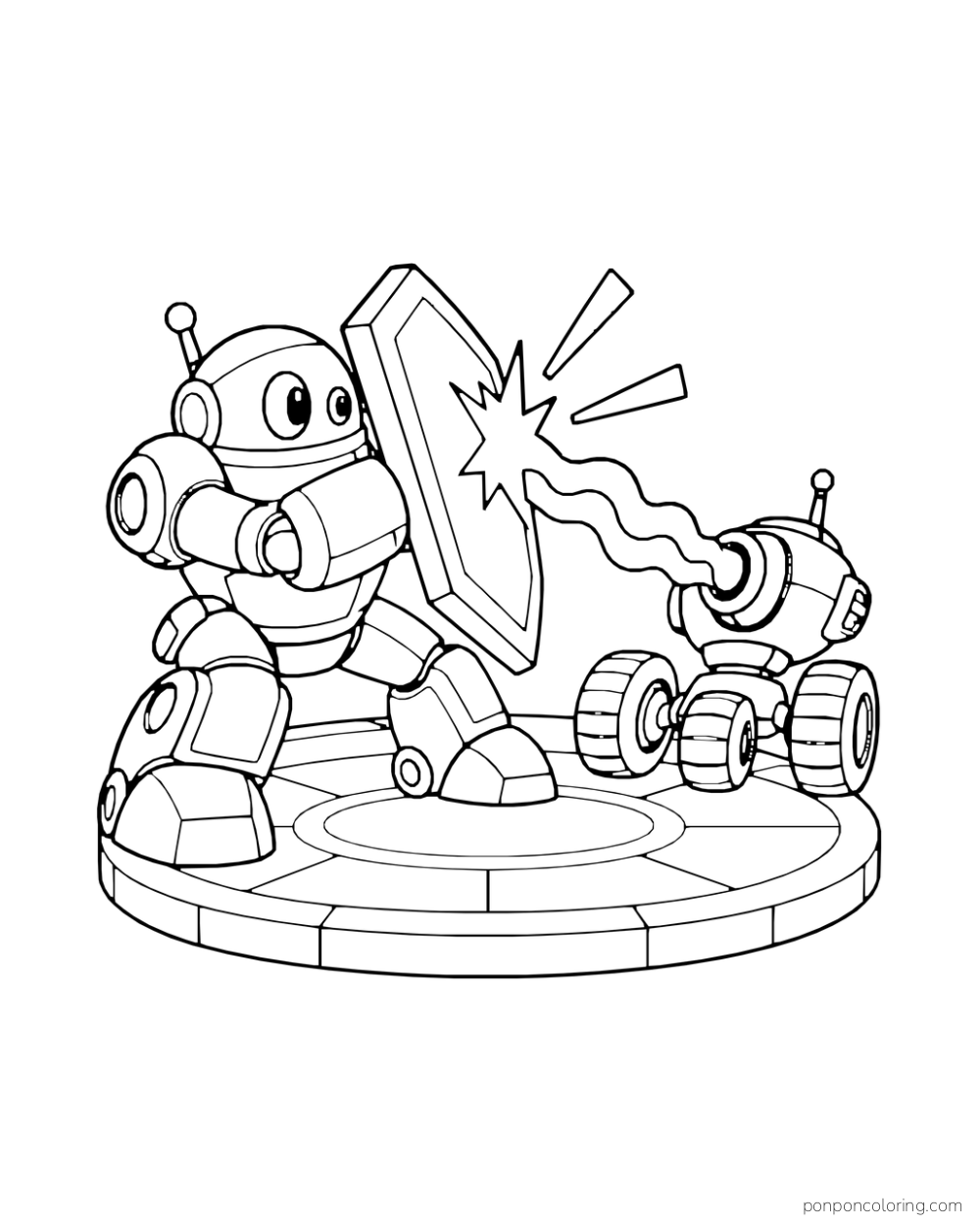 Defender robot blocks a rogue turret energy bolt with a broad shield.