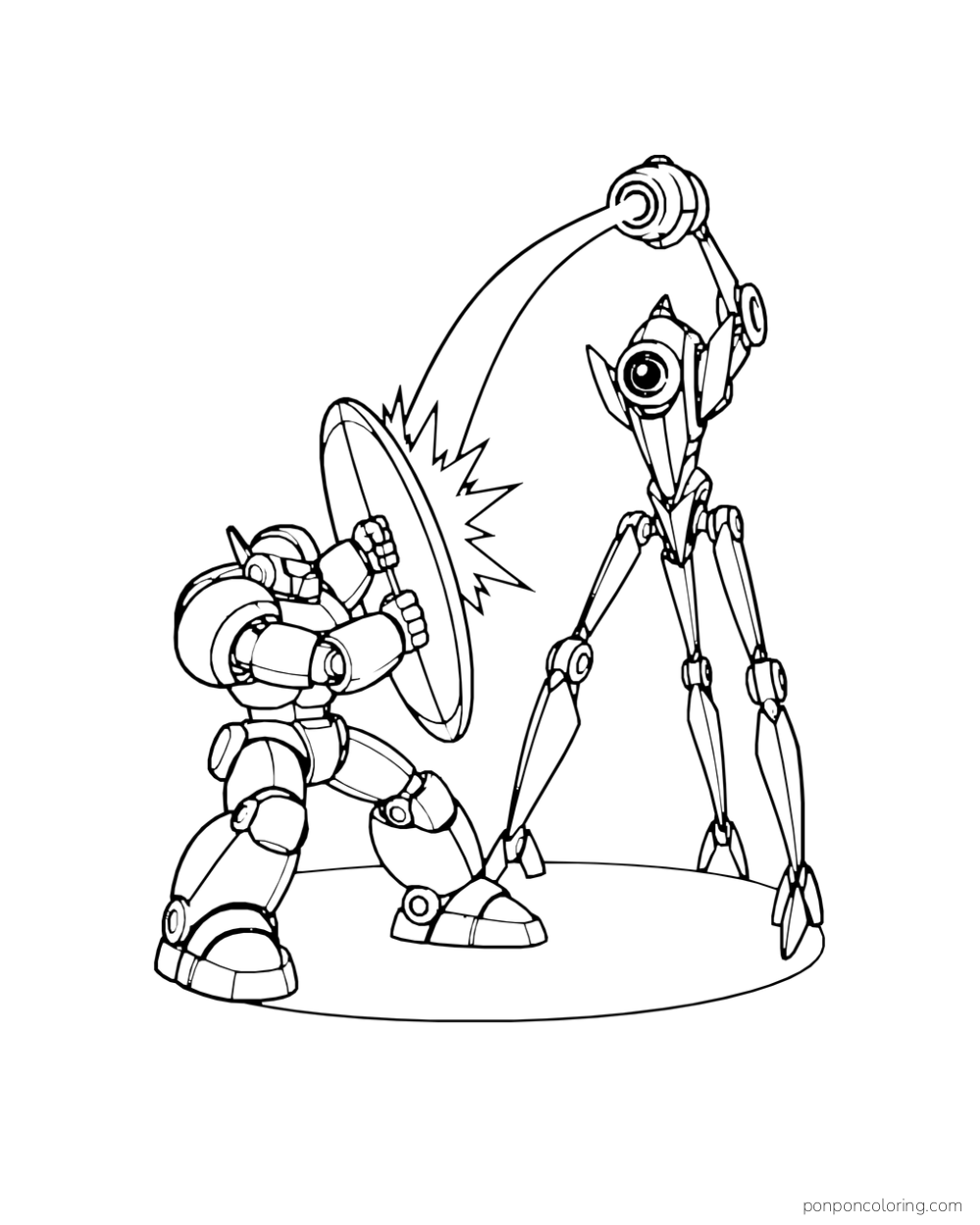 A broad mech shields itself and deflects a laser from a tall rogue automaton.