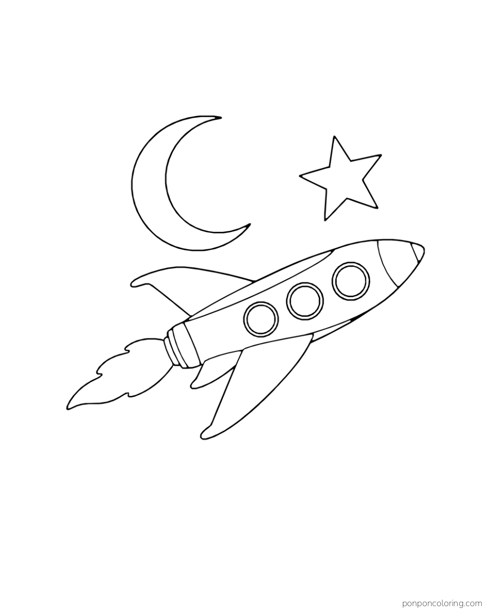 A long rocket-shaped ship flies below a crescent moon and a star.