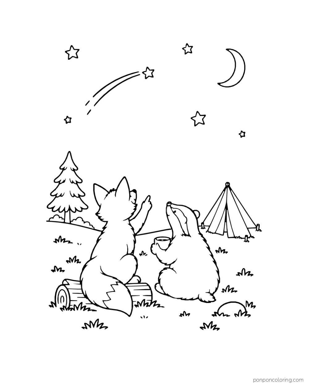 A fox points to a shooting star while a badger holds a mug beside their tent.