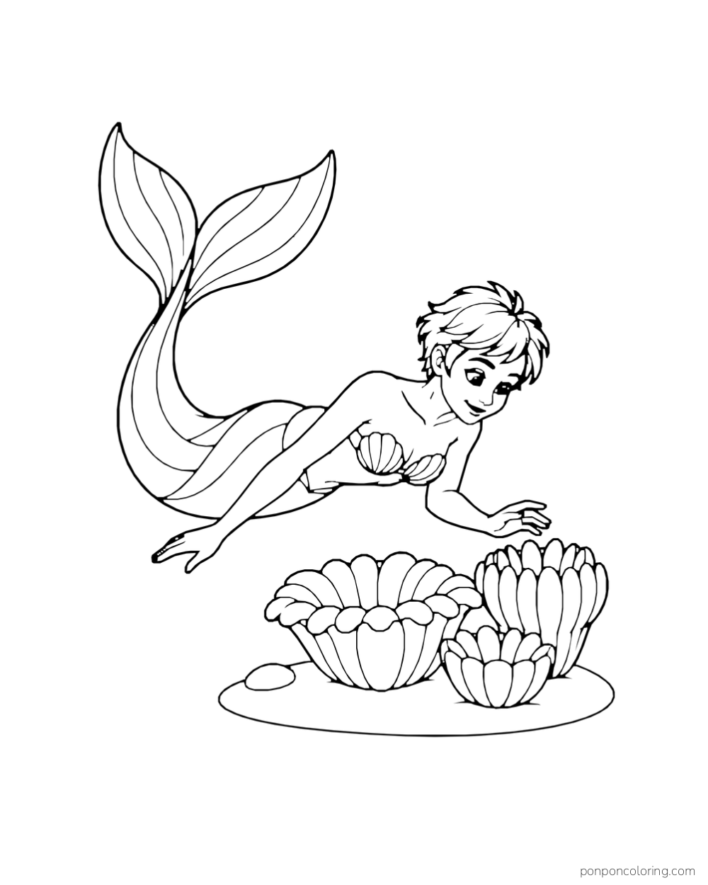 A short-haired mermaid with a broad forked tail leans toward three rounded sea flowers on an oval seabed mound with one pebble.