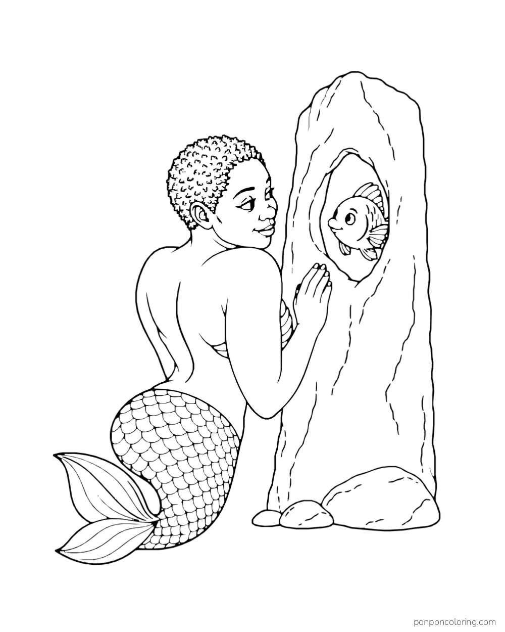 A short-haired adult mermaid looks at one small fish through an oval opening in a tall flat sea stone.
