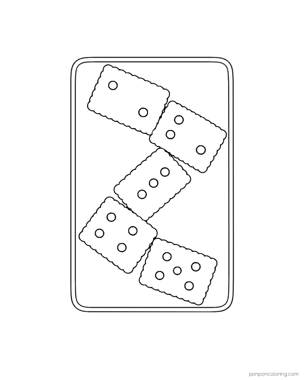 Five rectangular shortbread cookies with chocolate dots form a domino chain on a board.