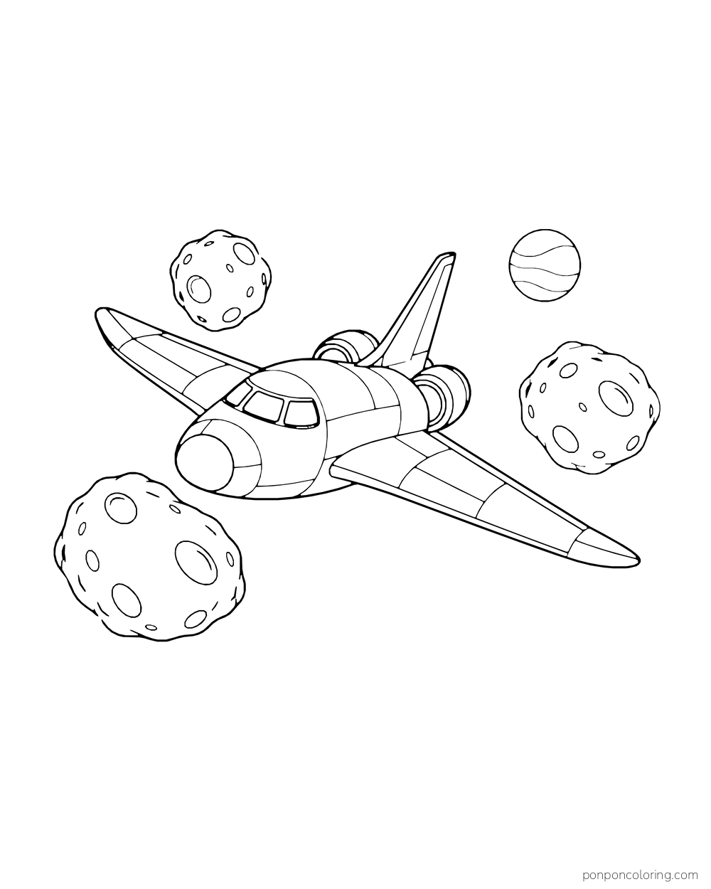 A winged shuttle flies among three large rounded asteroids.