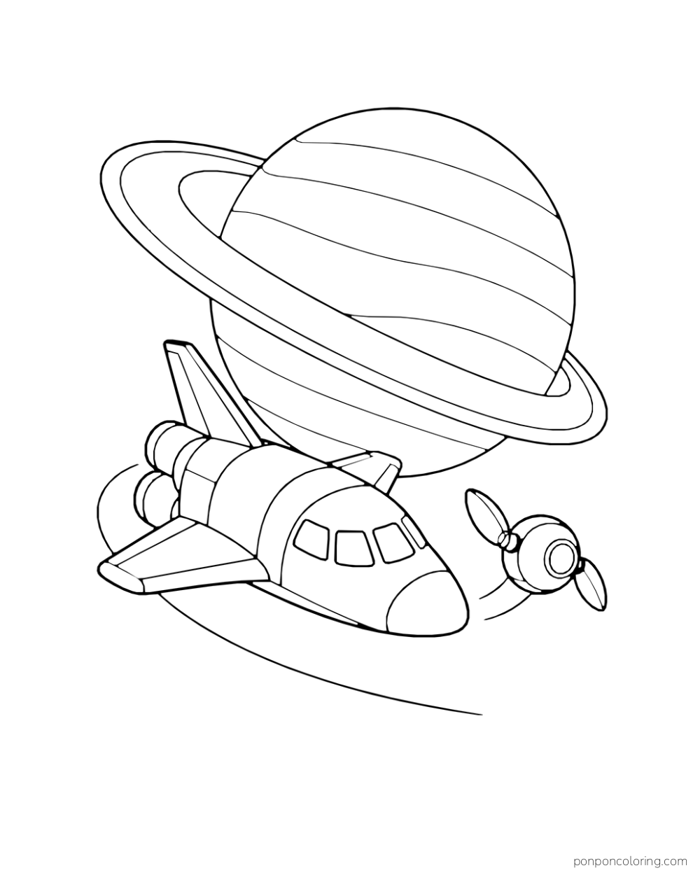 A shuttle and a smaller craft fly beneath a large ringed planet.