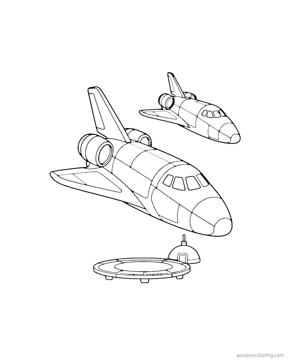 Two winged shuttles fly at different heights above a circular landing pad.