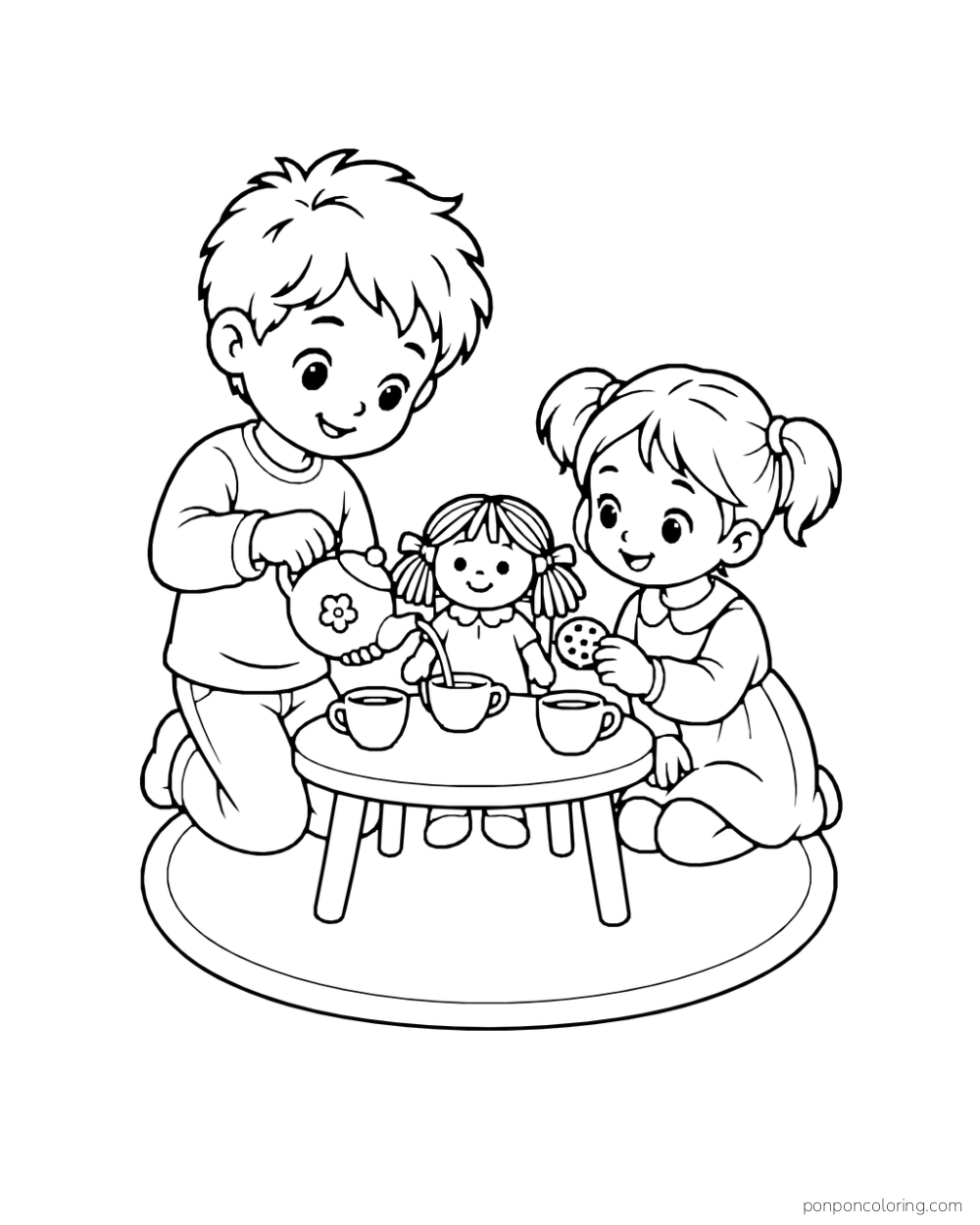 Two children share tea with a small doll at a low table.