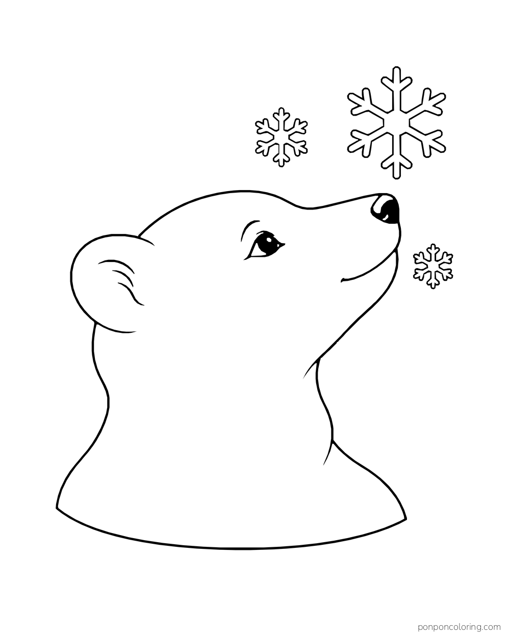 A simple side-profile polar bear portrait sits below three separate snowflakes.