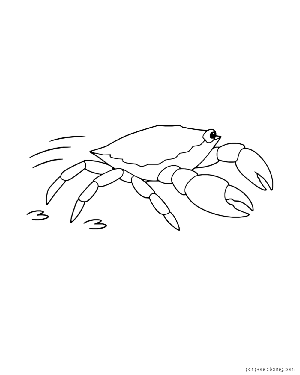 A side-view crab scuttles across sand with short motion lines behind it.