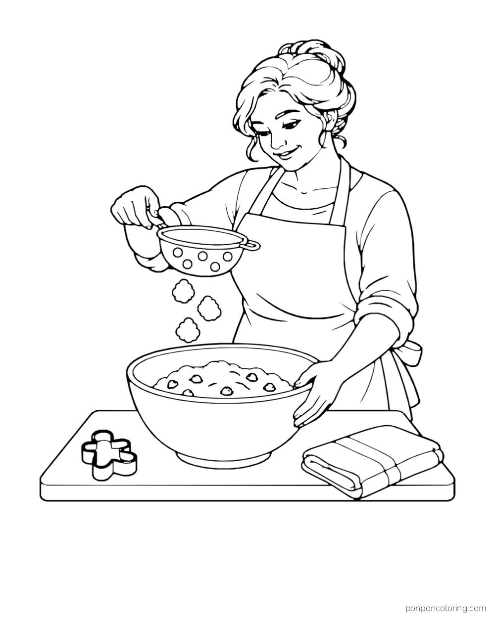 A baker sifts flour into a large bowl of cookie dough.