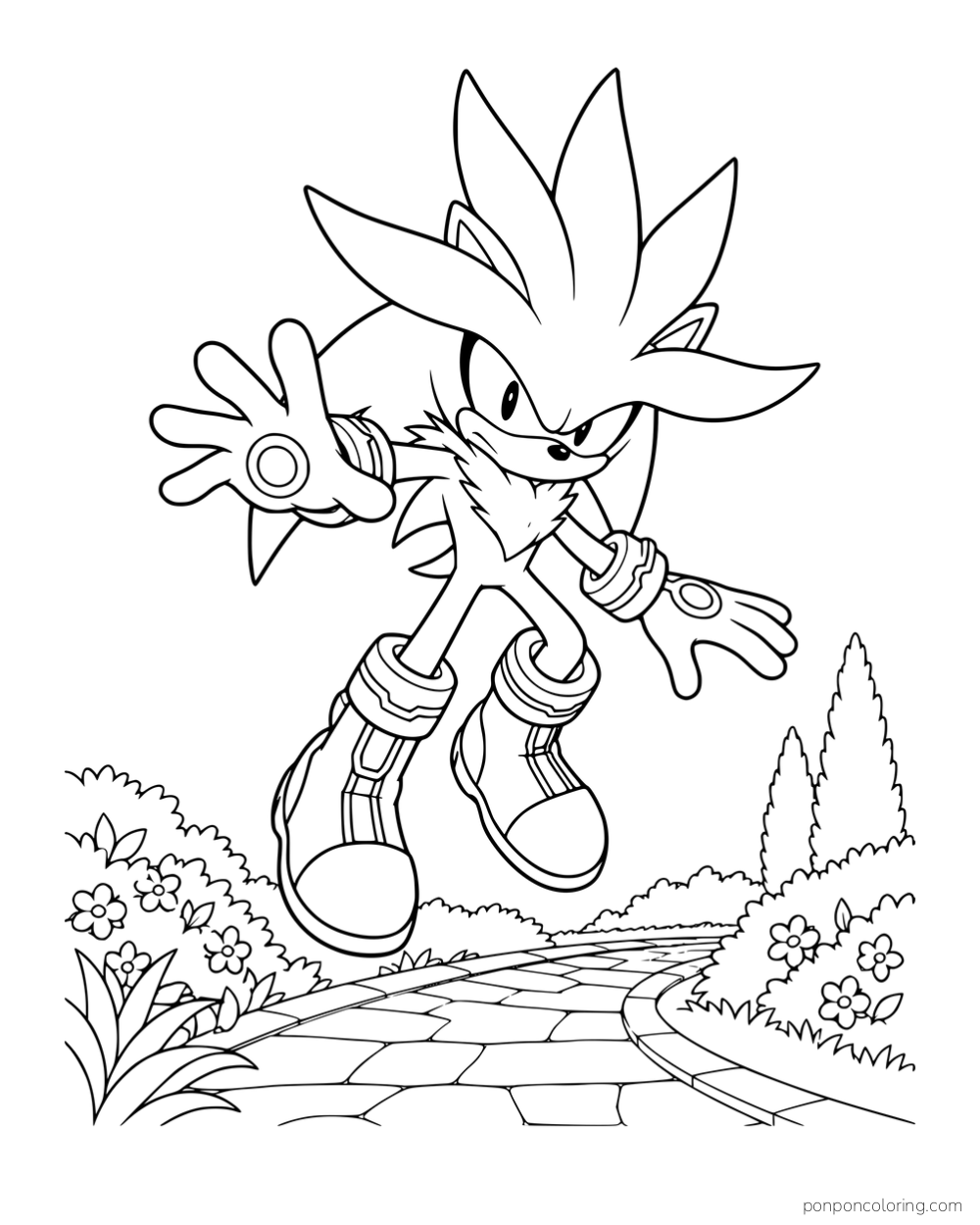 Silver hovering above a garden path with one hand raised.