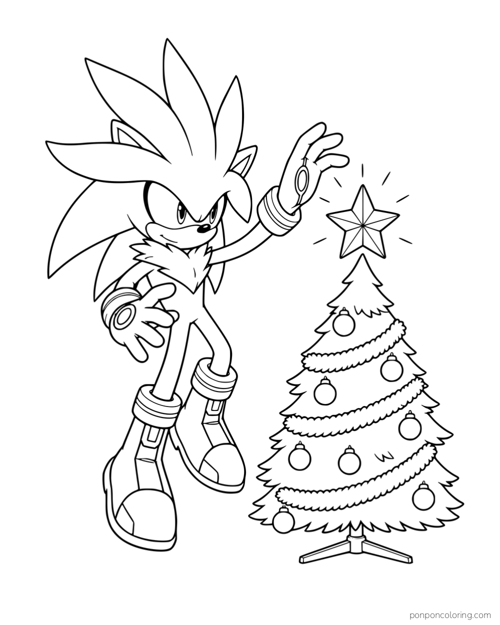Silver floating beside a Christmas tree with a star above it.