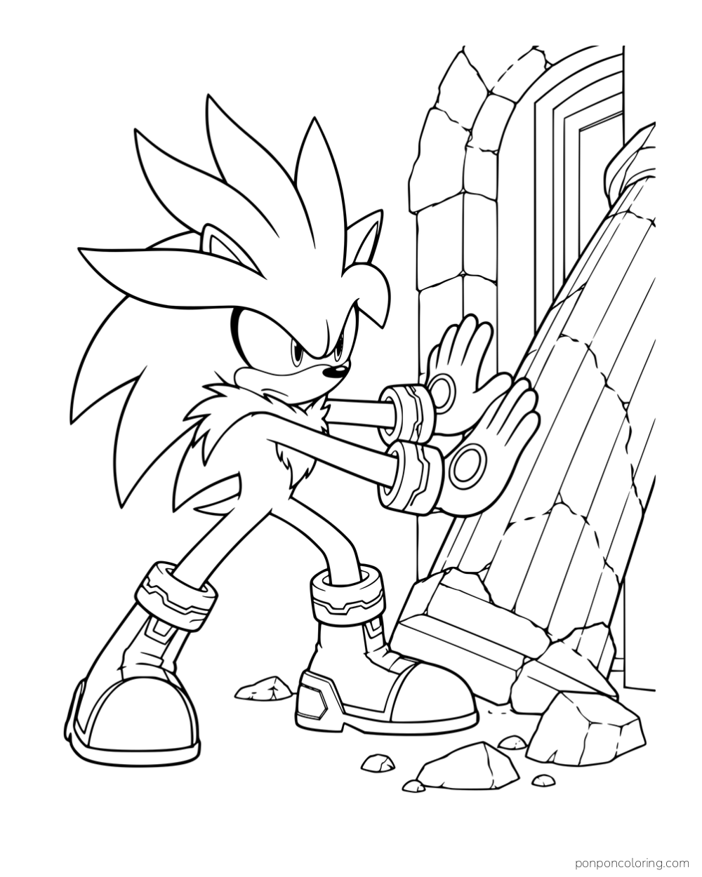 Silver holding his hands toward a leaning stone pillar.