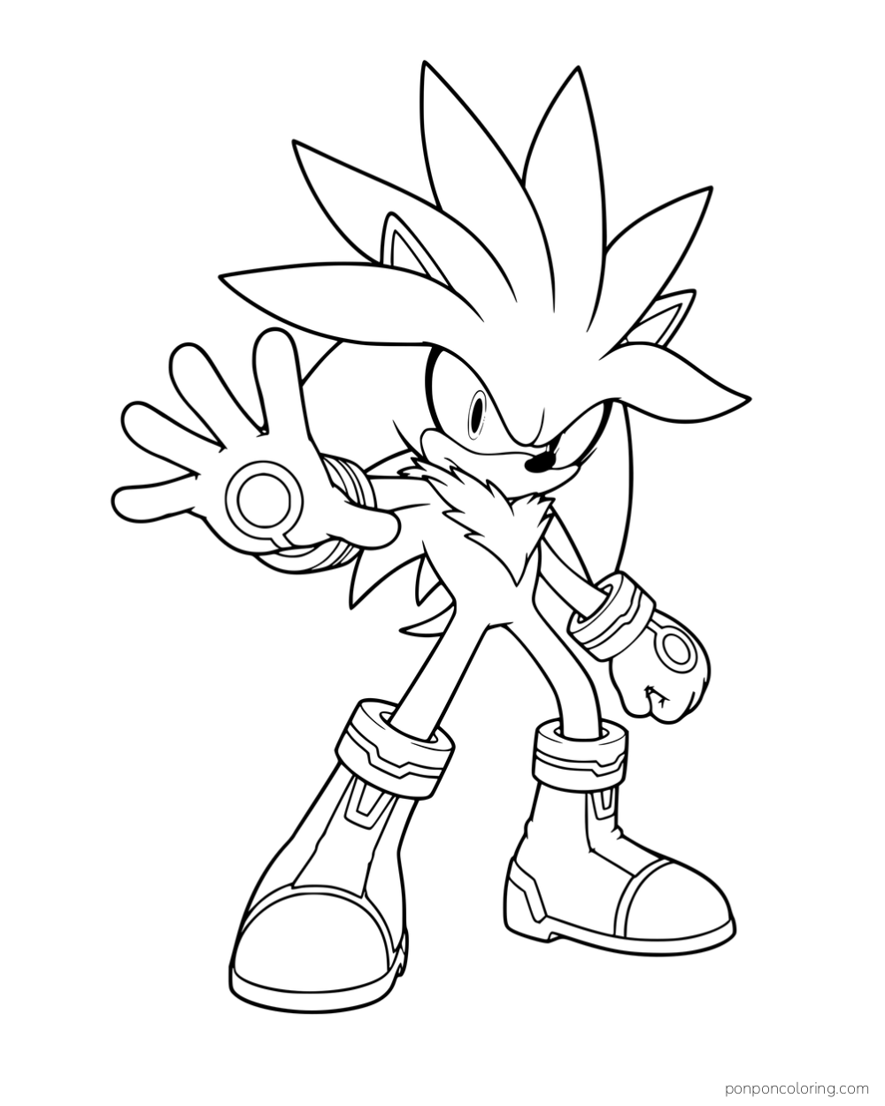 Silver holding an open hand forward with his legs apart.