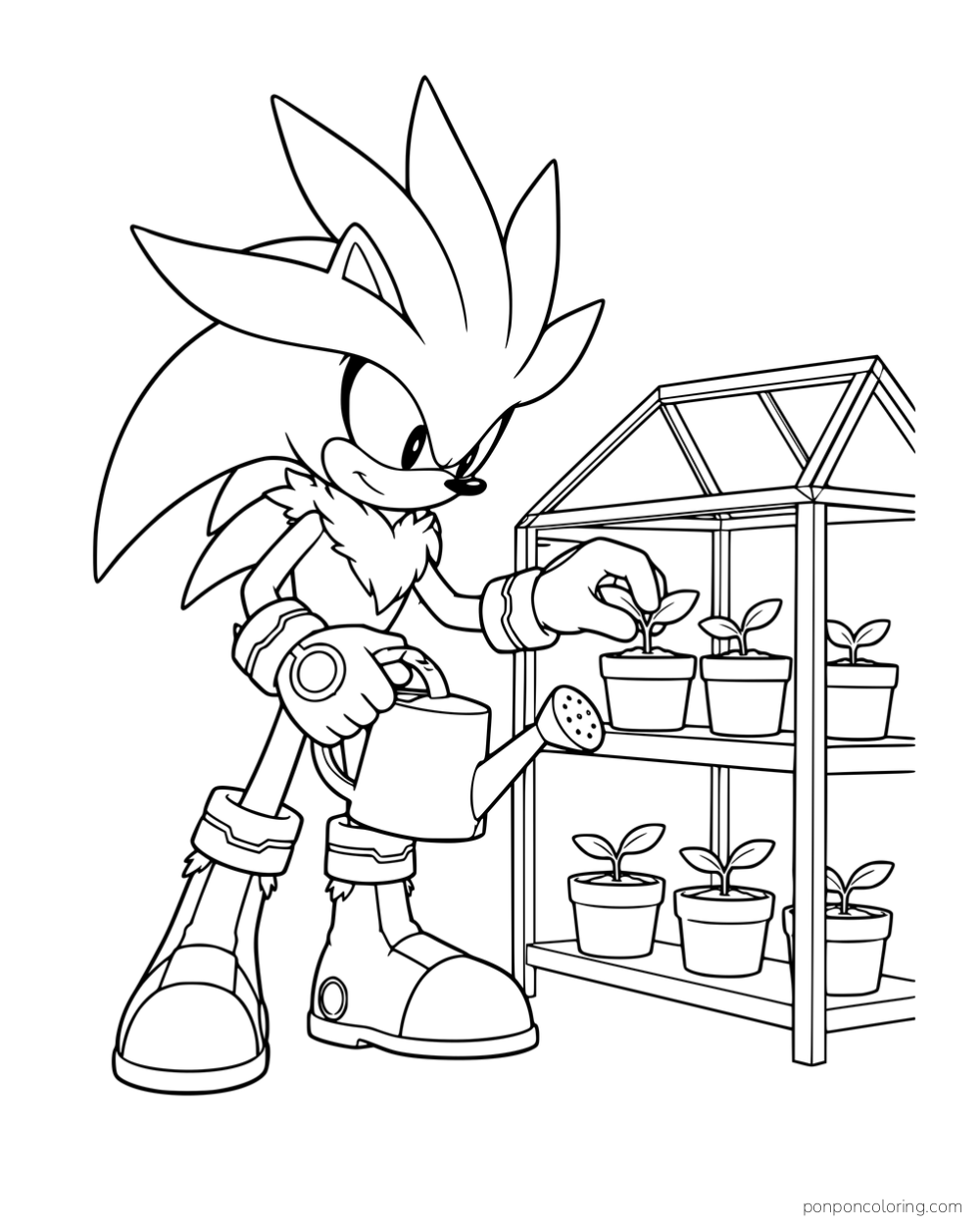 Silver holding a watering can beside a shelf of potted seedlings.