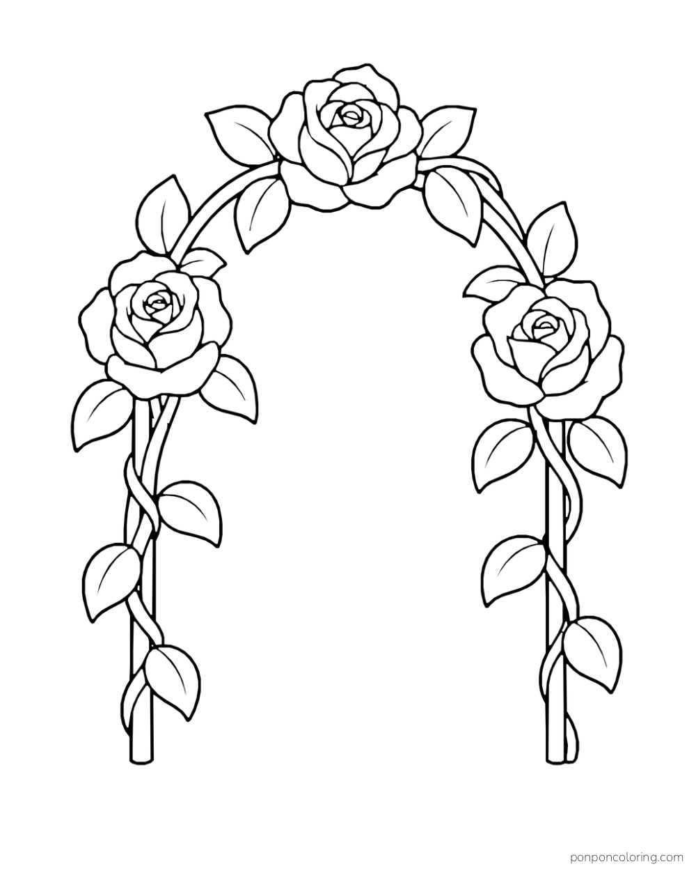 Freestanding arch carrying three large roses and a few leaves against an empty background.