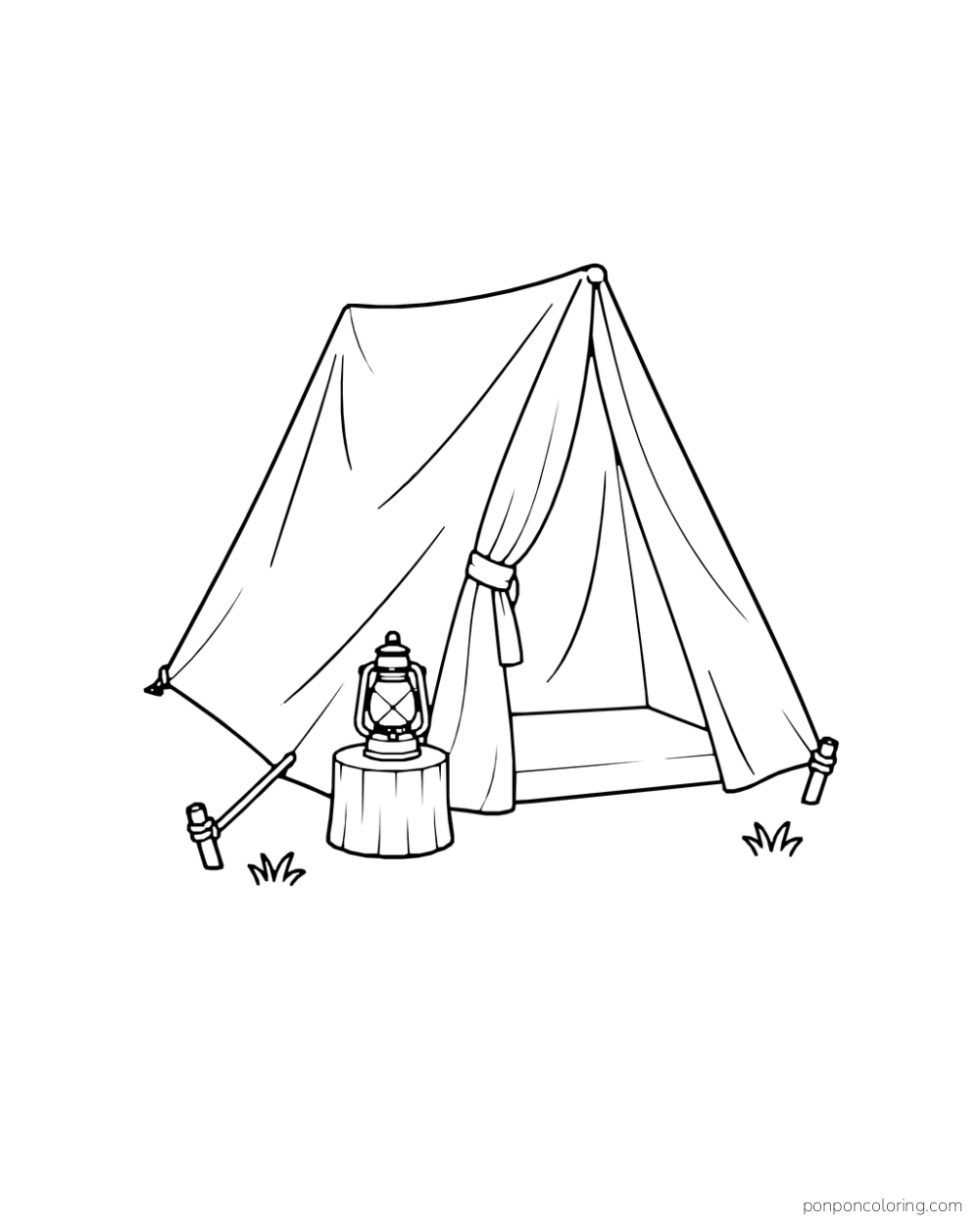 A pitched tent has a tied-back door flap and a lantern on a small stump.