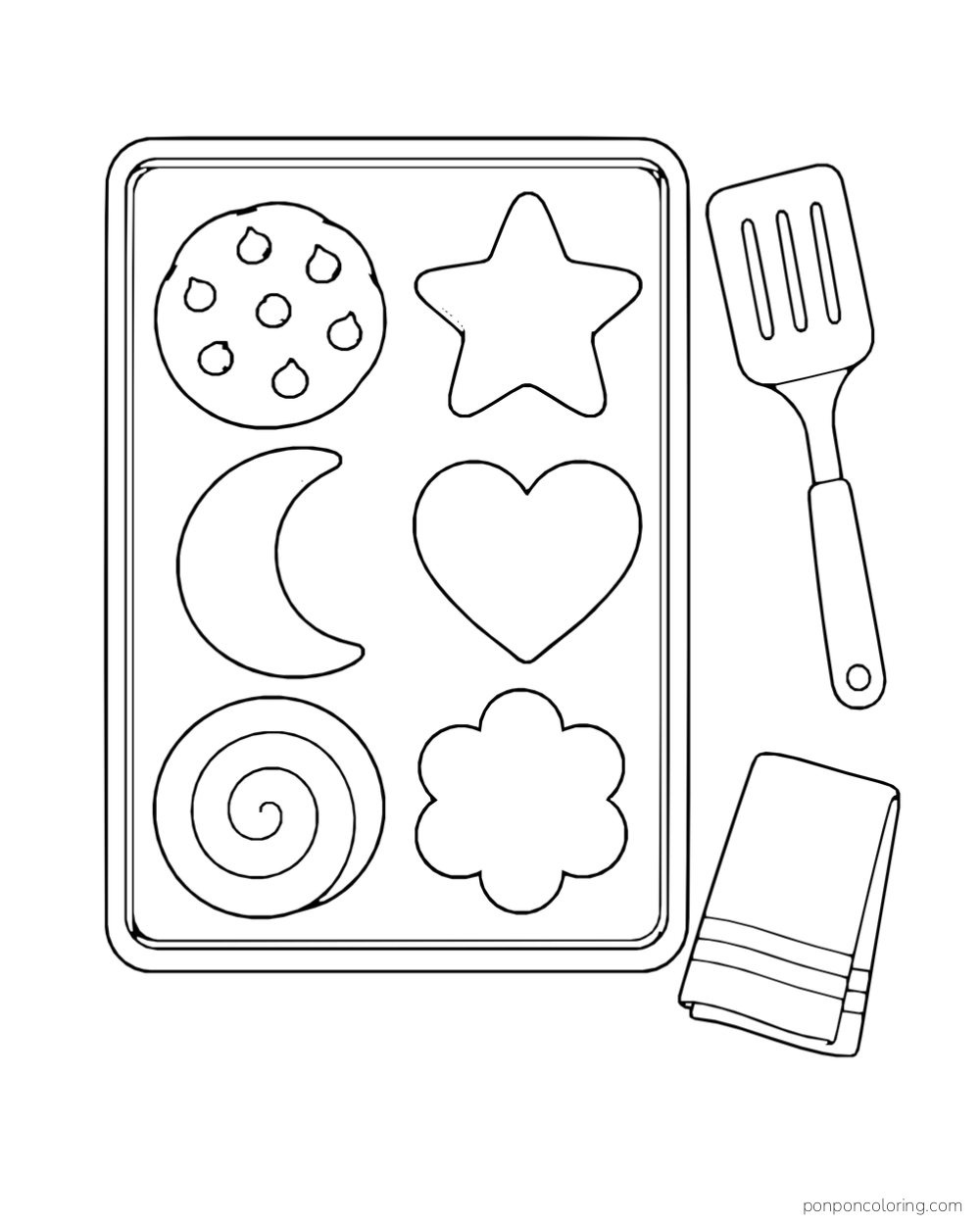 A baking sheet holds round, star, crescent, heart, spiral, and flower-shaped cookies.