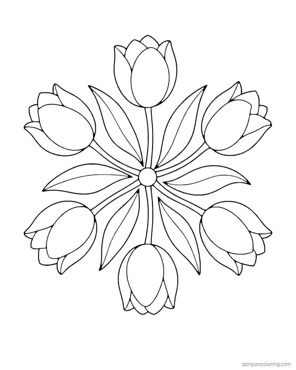 Six tulips radiate from a small round center with curved leaves between the stems.
