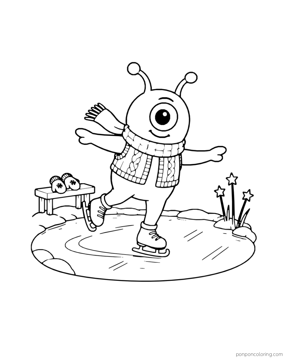 A one-eyed alien in a scarf skates across a small oval ice patch.