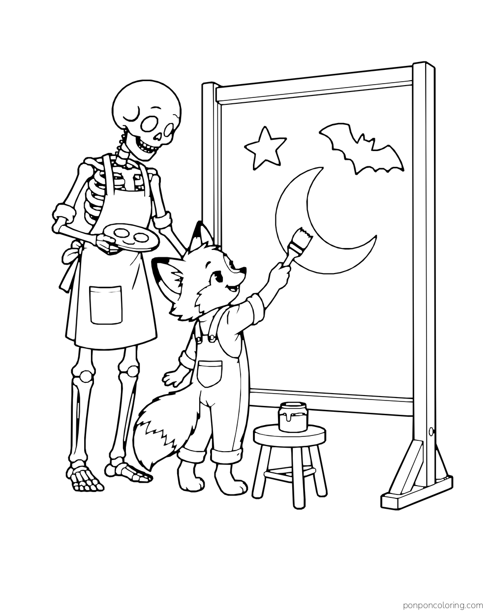 An adult skeleton art teacher helps a young fox paint a crescent, star and bat on a freestanding window pane.