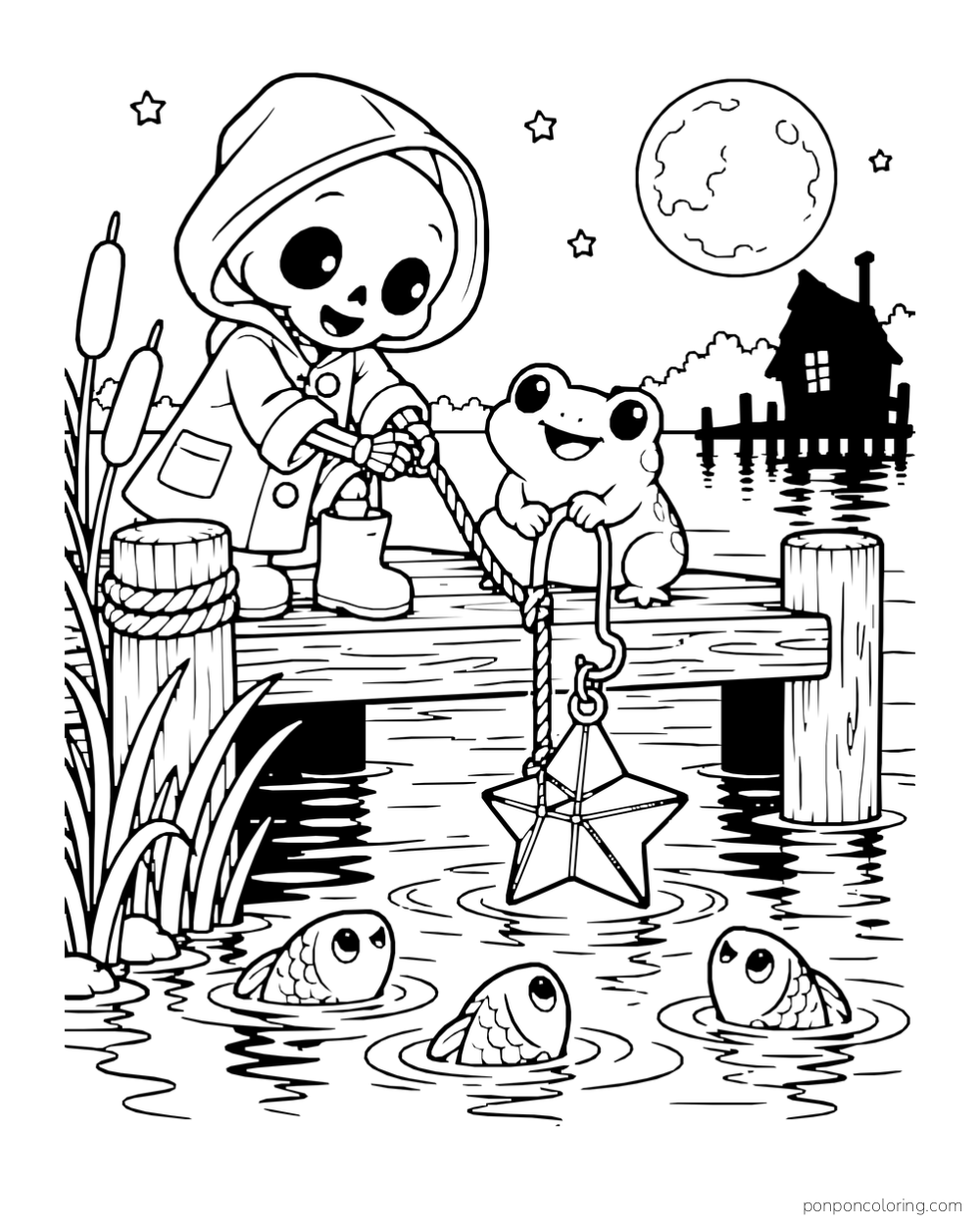 A raincoat skeleton and smiling frog lower a hanging star lantern from a wooden pier toward three fish in a moonlit lake