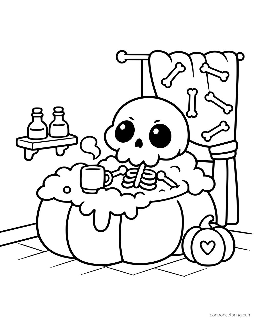 A smiling skeleton sits in a pumpkin-shaped bath holding a mug, with bottles, a towel, and a heart-shaped item nearby.