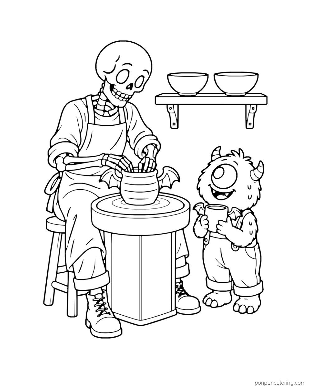 An adult skeleton shapes a mug with bat-wing handles at a pottery wheel while a one-eyed monster child admires a finished mug.