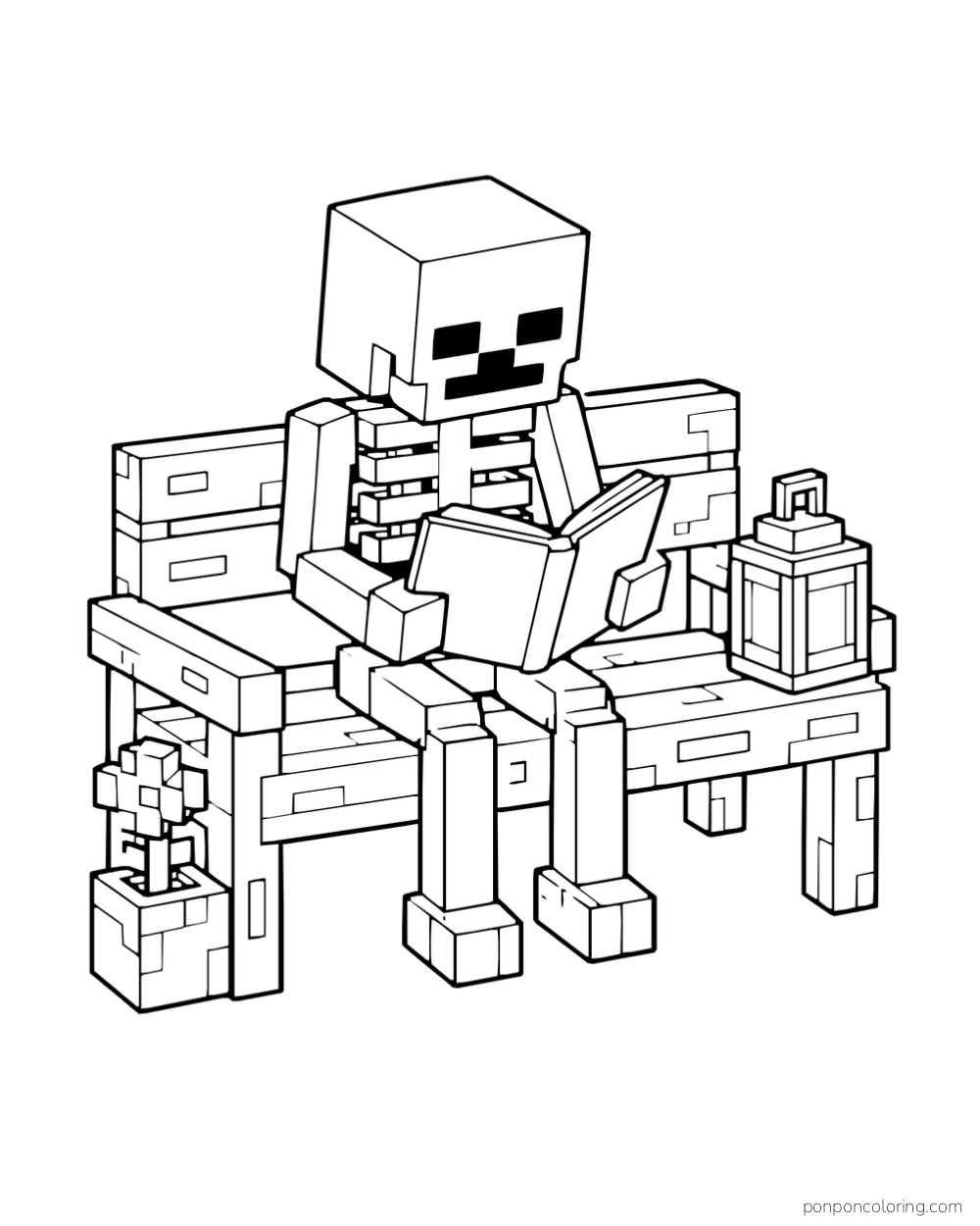 A Minecraft skeleton reads on a wooden bench beside a lantern and a potted flower.