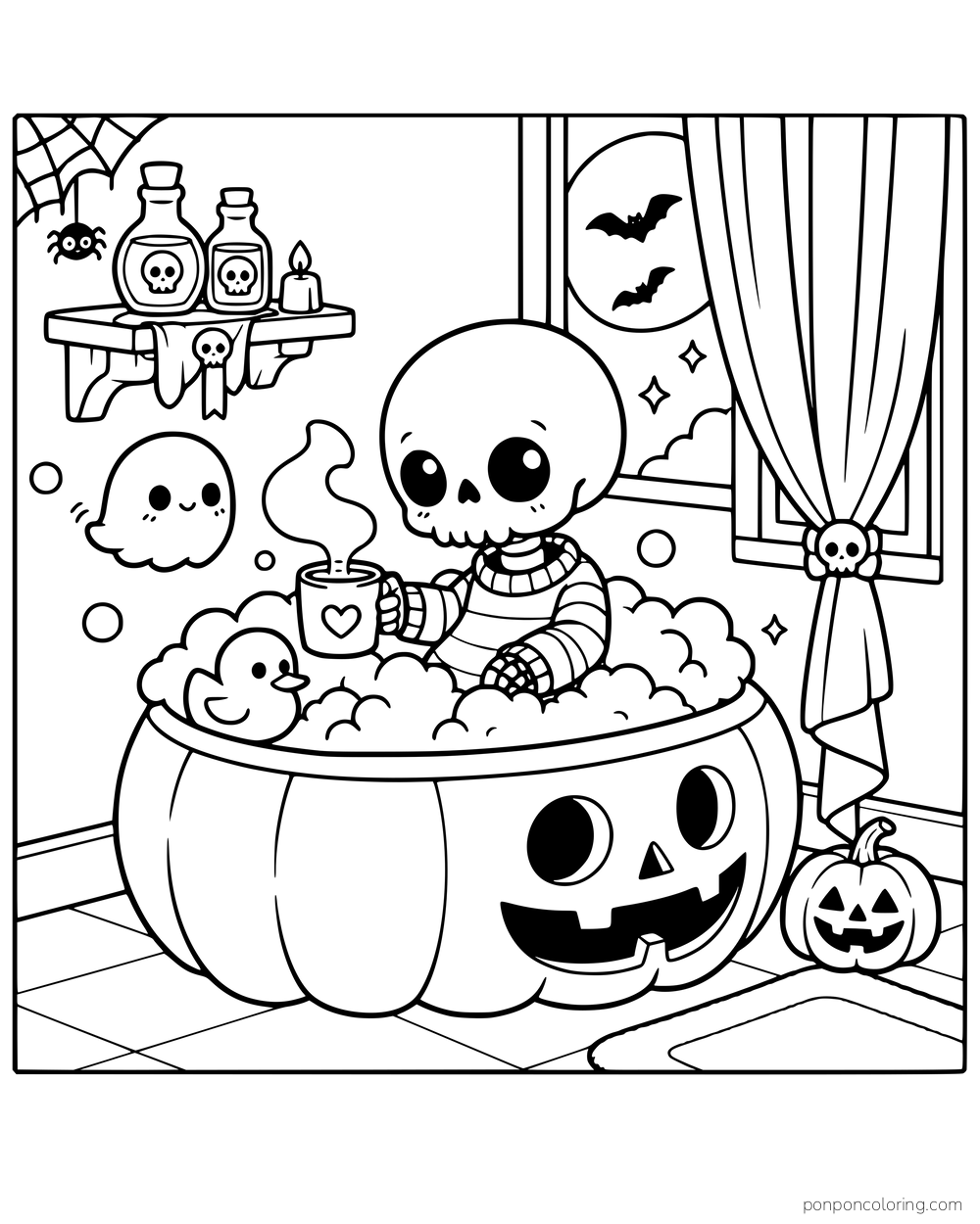 A small skeleton relaxes in a jack-o'-lantern bathtub with a mug, a ghost, bottles, and a curtained window nearby.