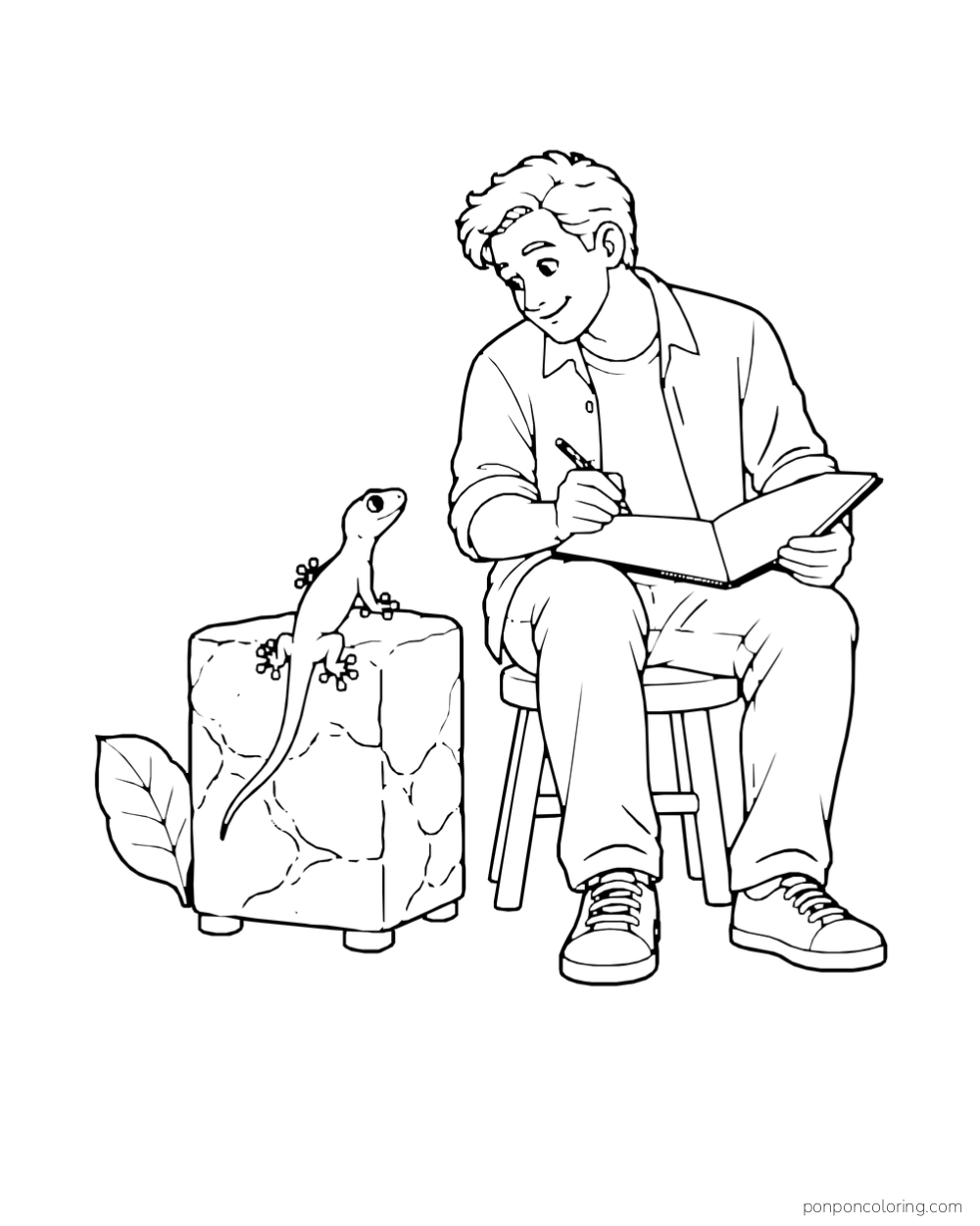 An adult holds a pencil over an open sketchbook while a gecko clings to a stone block beside the stool.