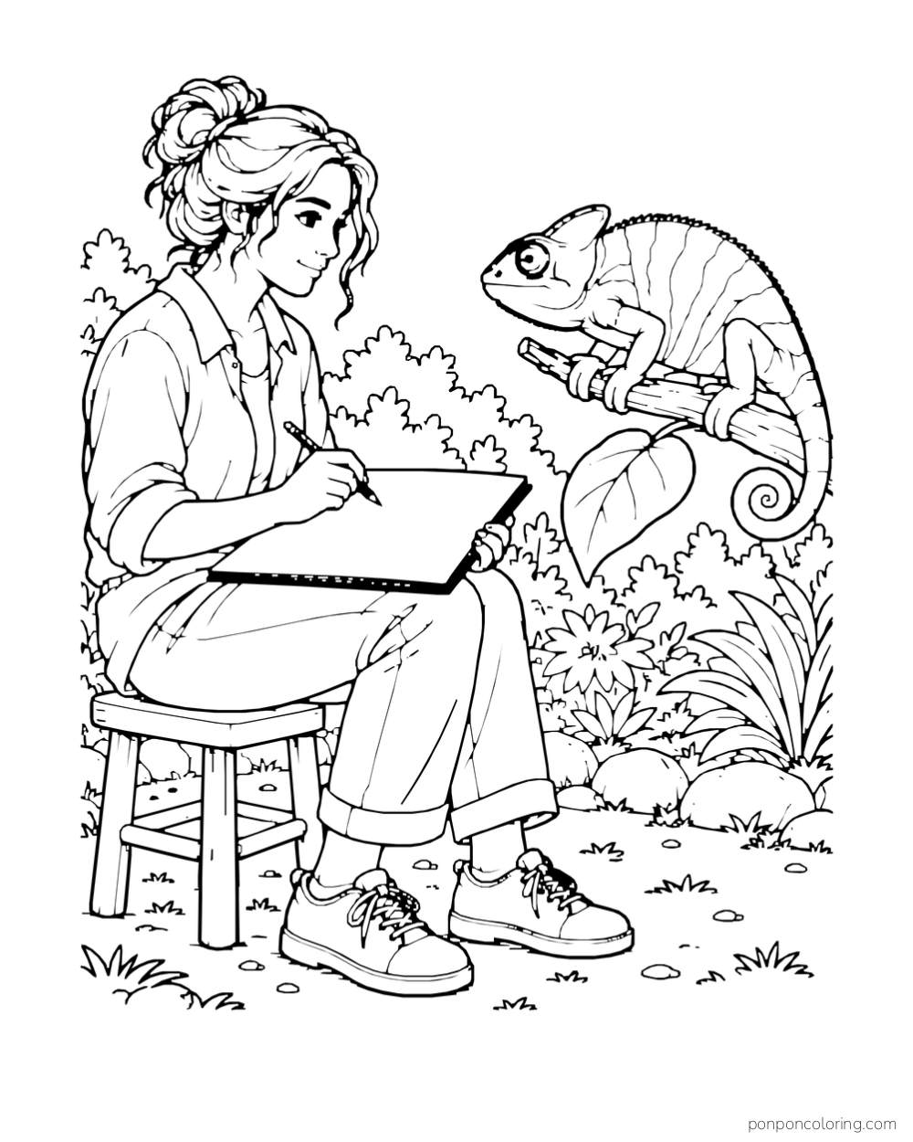 A seated adult sketches in a blank notebook while a chameleon rests on a nearby branch.