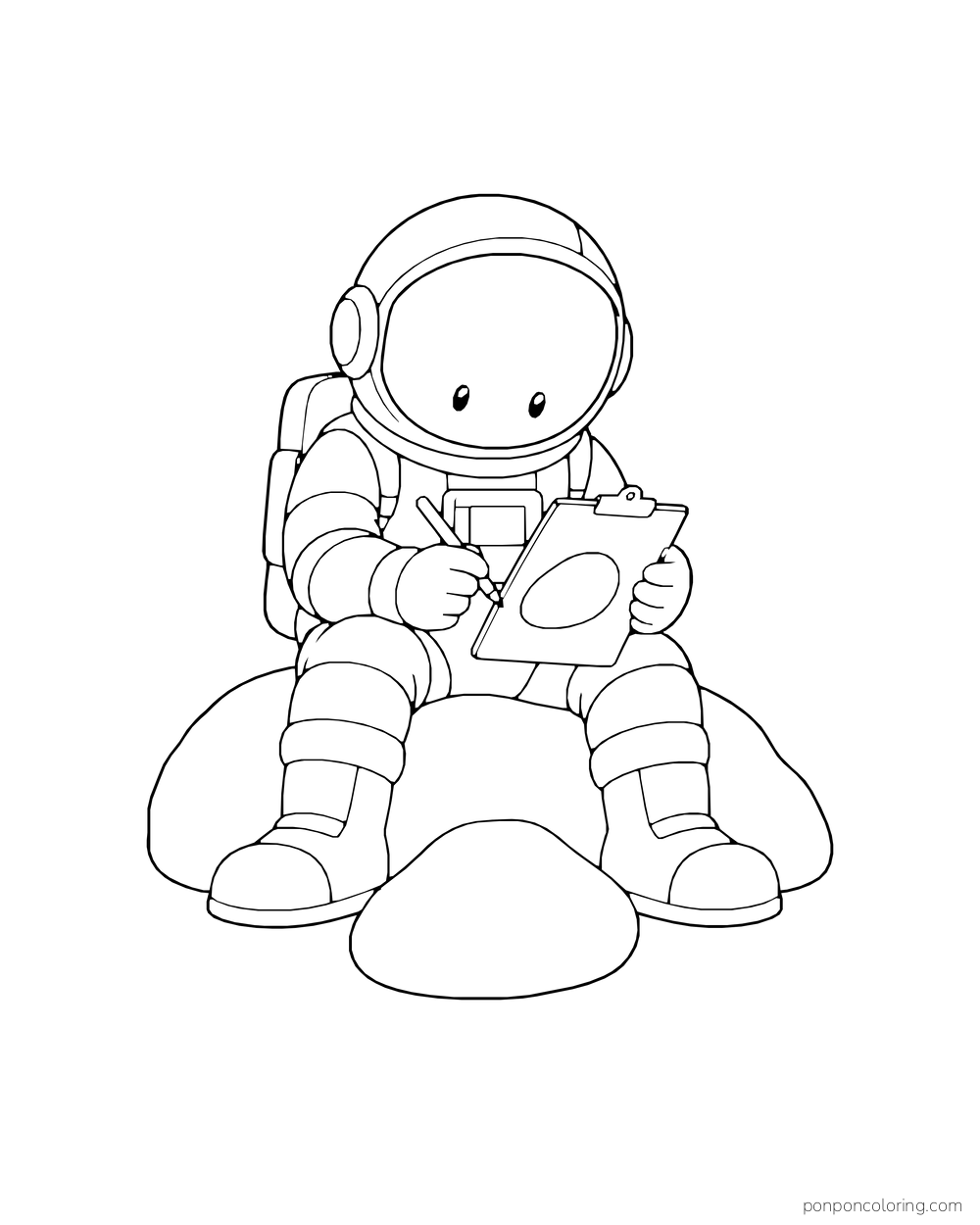 A seated astronaut draws a nearby rock on a clipboard.