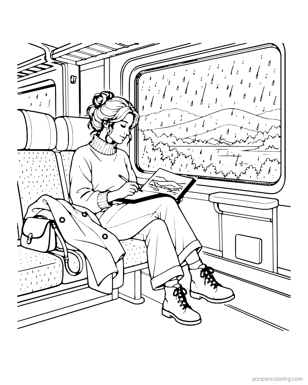 A passenger sketches in a notebook beside a rain-streaked train window.