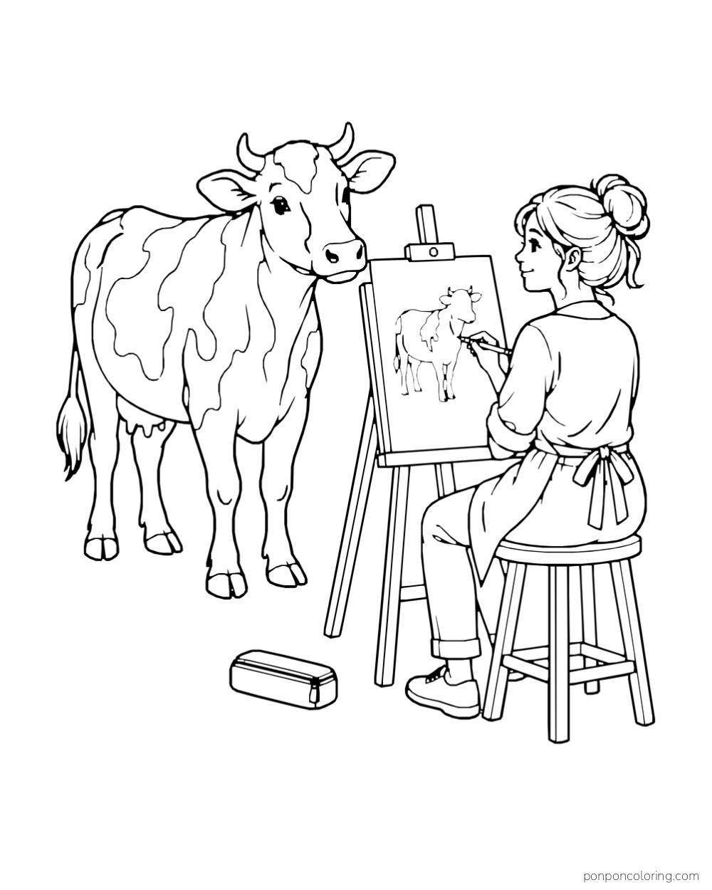 An artist seated at an easel sketches a standing cow.