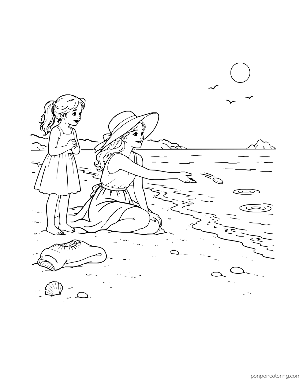A seated adult skips a flat stone over the water as a child watches.