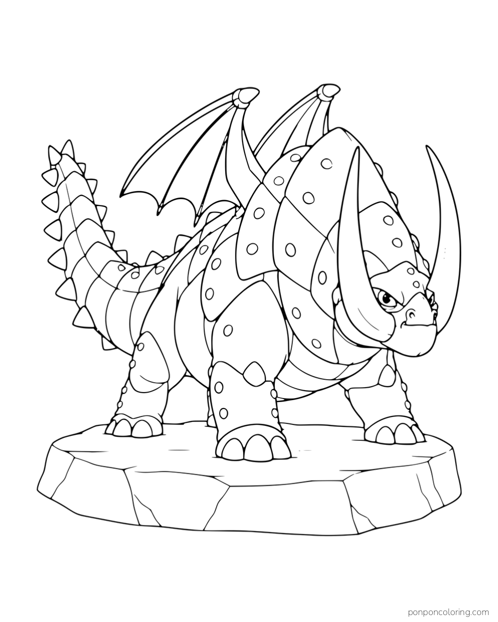 Skullcrusher standing on a flat rock with large horns, armor plates, and raised wings.
