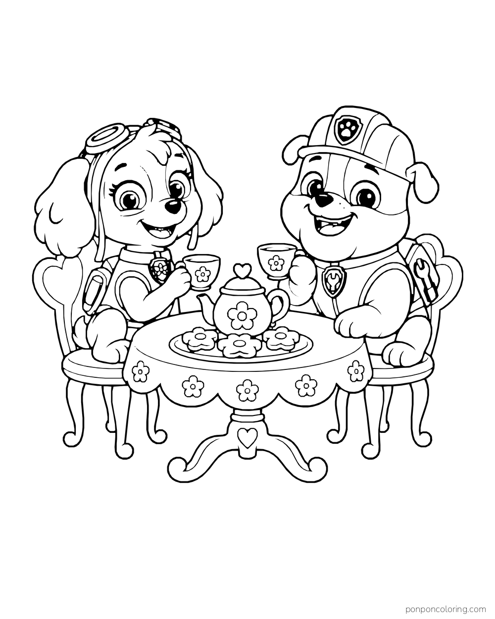 Skye and Rubble share tea at a round table with a floral teapot and cookies.