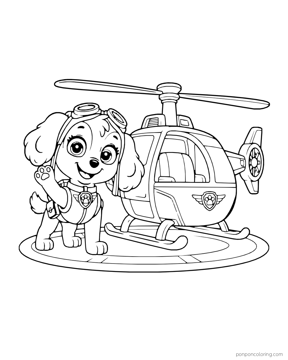 Skye waves beside a helicopter on an oval landing pad.