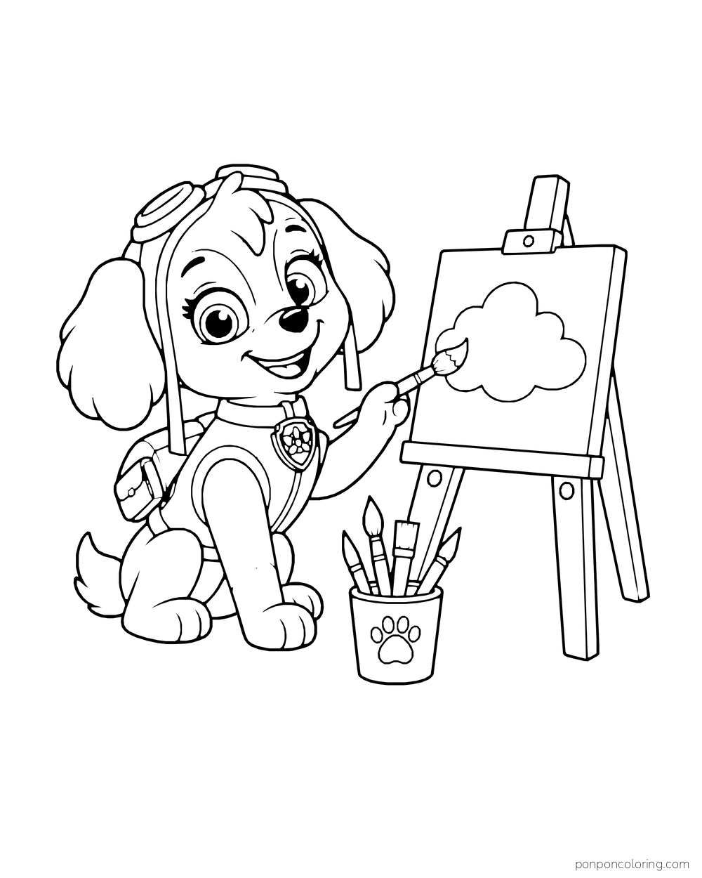 Skye paints a cloud on an easel beside a cup of brushes.