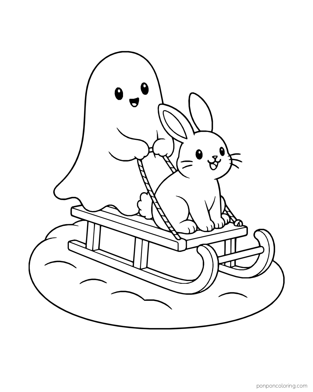A ghost rides a sled behind a rabbit on a patch of snow.