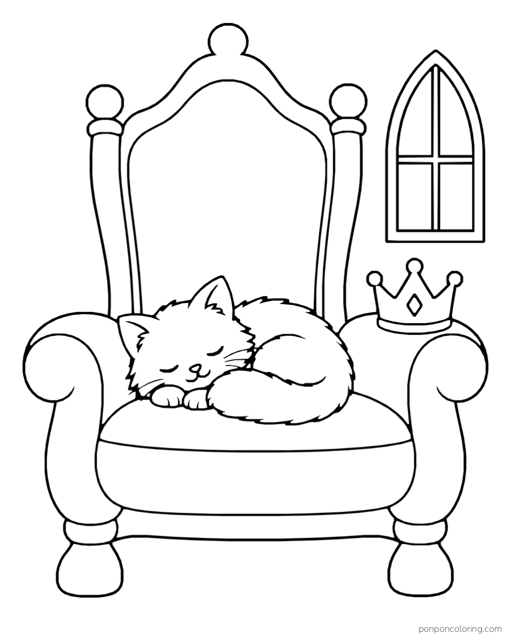 A cat curled up on a cushioned throne, with a crown on one armrest and a pointed window nearby.