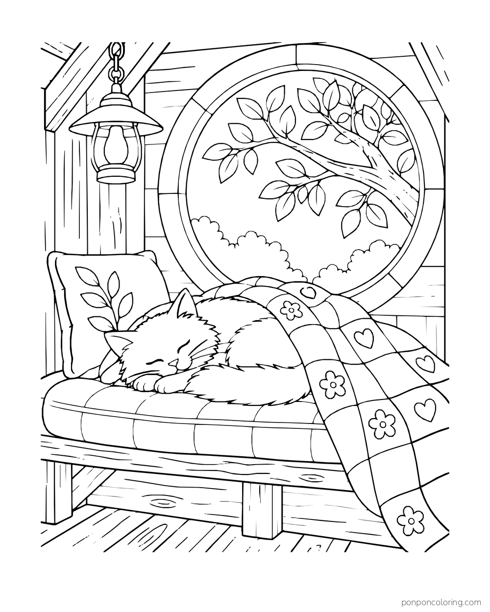 A cat curls up on a quilted treehouse window seat below a round window and lamp.
