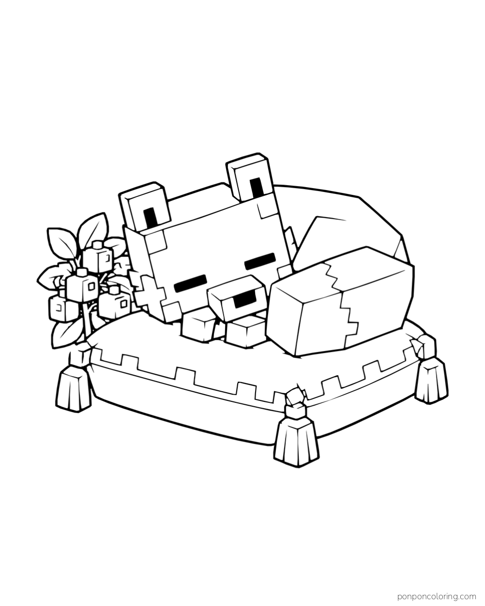 A Minecraft fox curls asleep on a tasseled cushion beside a berry branch.