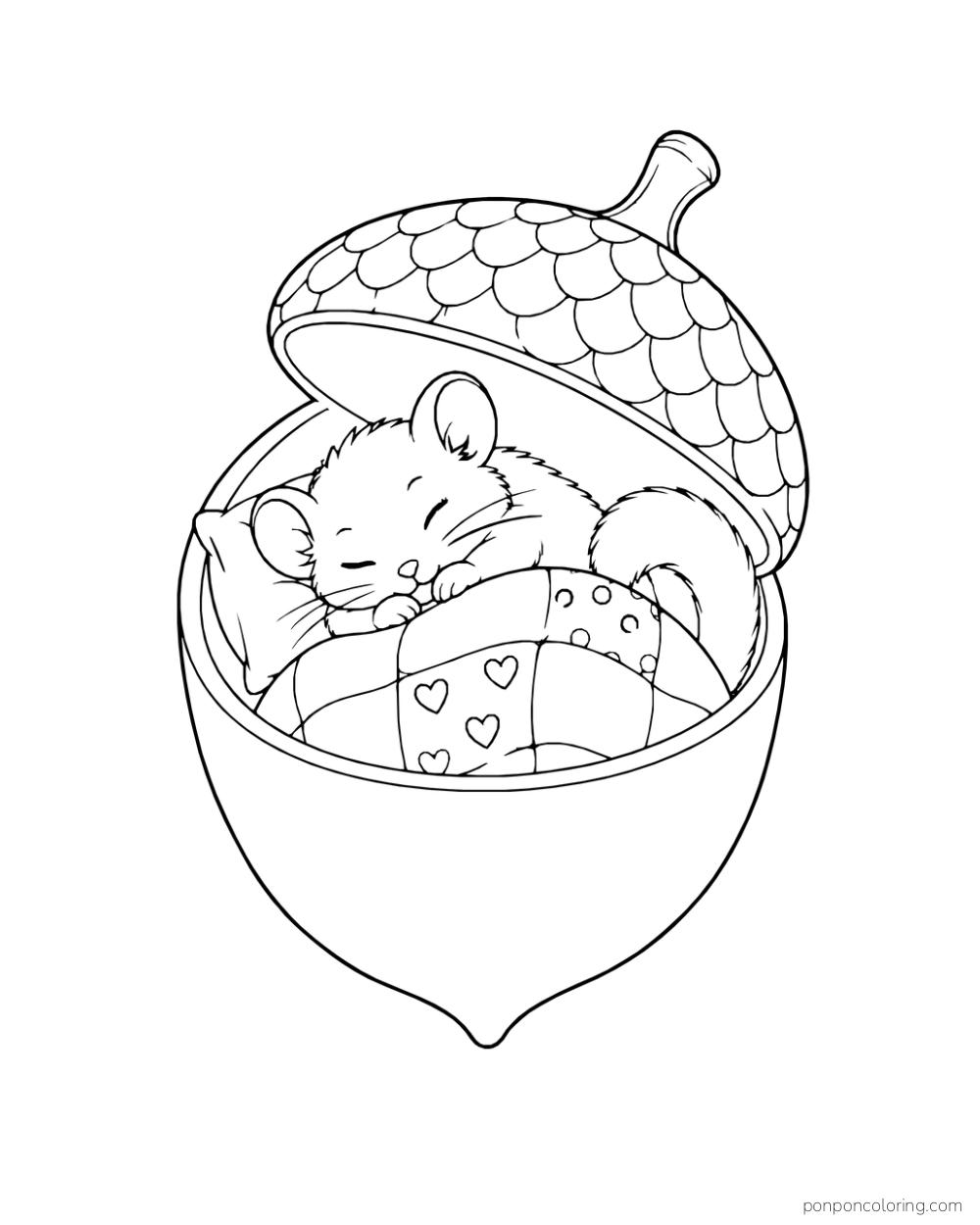 A small mouse sleeps beneath a patterned quilt in an open acorn-shaped sleeping pod.