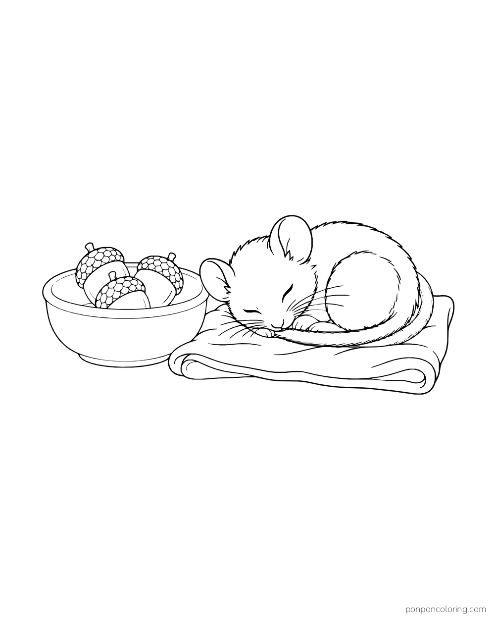 A small mouse sleeps on a folded cloth beside a bowl of acorns.